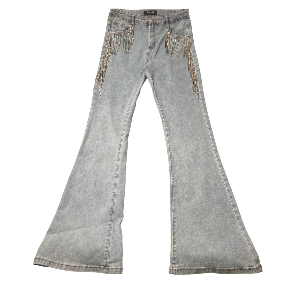 Blue B Jeans Flare Rhinestone Fringe L Light Blue Western Boho Nashville Festive